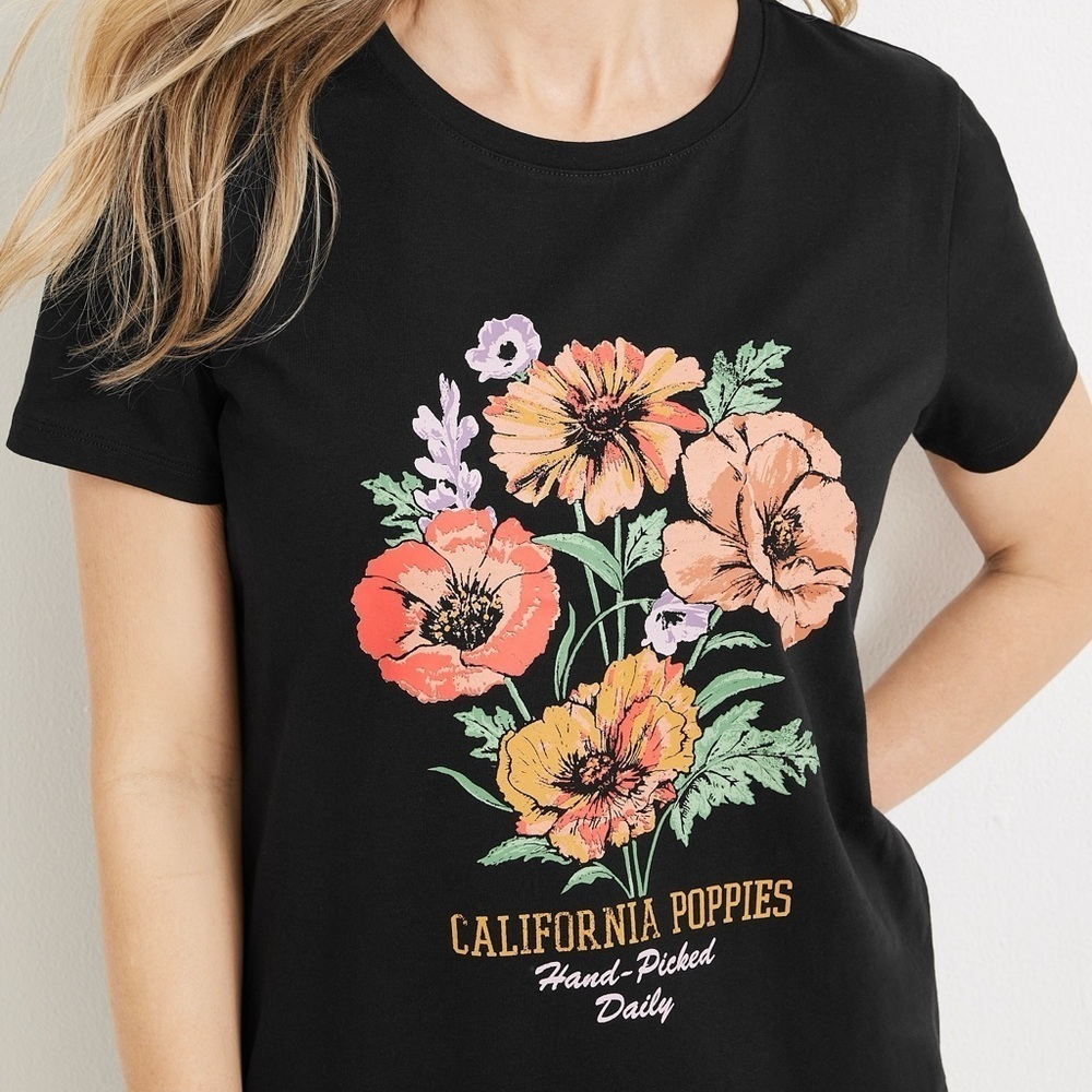 Maurices California Poppies Graphic Tee Black Vibrant Short Sleeve Large Women’s